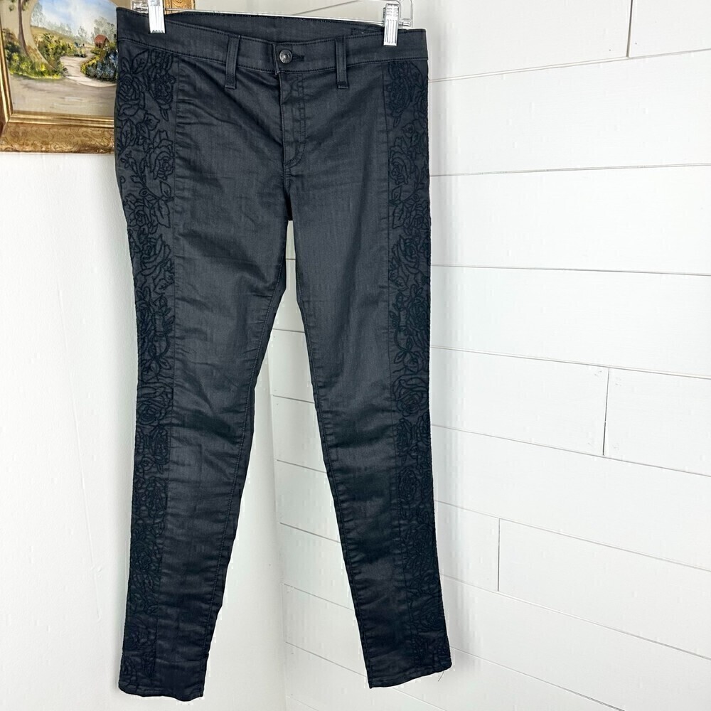 Rag & Bone Intermix Floral Embroidered Coated Jeans Skinny Black Size 29